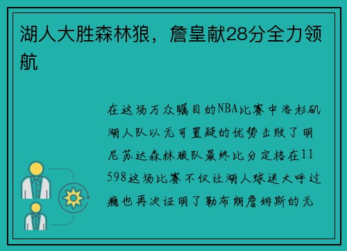 湖人大胜森林狼，詹皇献28分全力领航