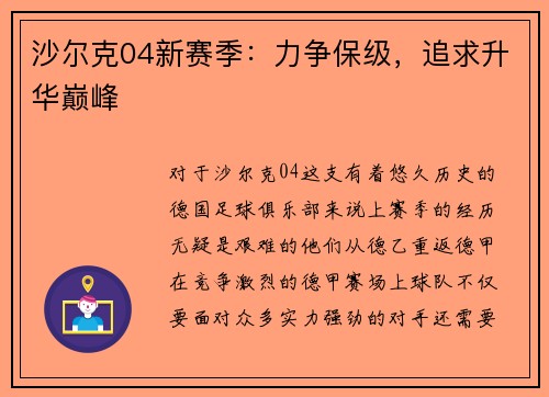 沙尔克04新赛季：力争保级，追求升华巅峰